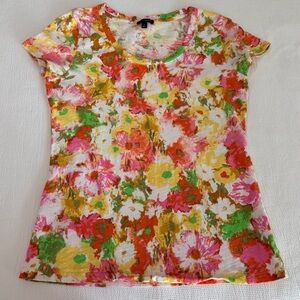 Talbots Yellow Orange Green Multi Color Watercolor Floral V Neck Shirt